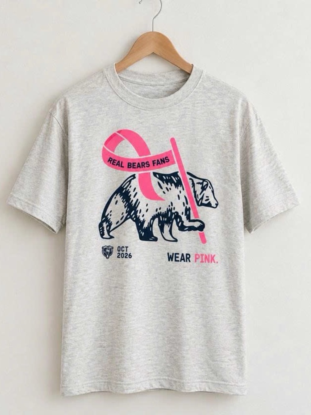 Heather Gray Short Sleeve Tee with Pink Ribbon & Navy Bear Graphic